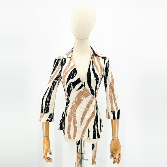 Diane von Furstenberg Ivory Black Tan Brushstroke Silk Wrap Blouse - Picture 1 of 7